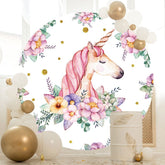 Aperturee - Pink And Purple Floral Unicorn Round Birthday Backdrop